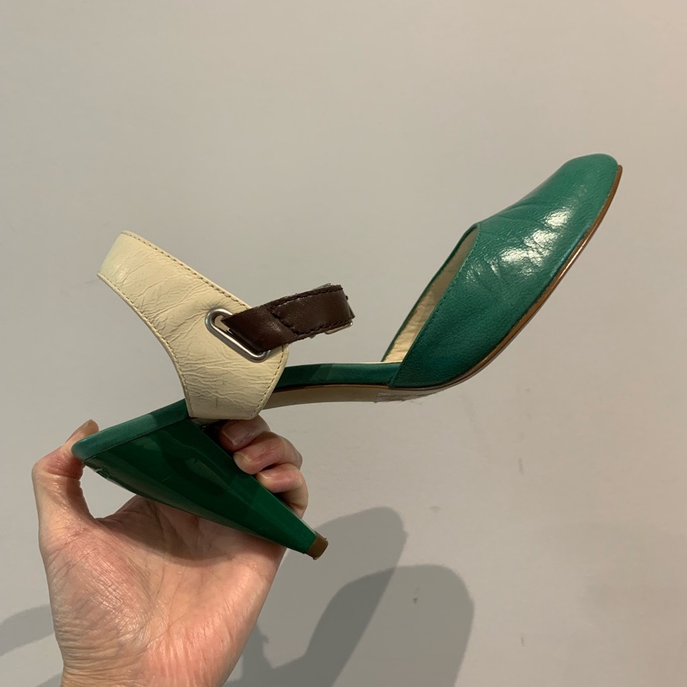 Vintage Style Green Pointed Toe Heels Ankle Strap Colorblock Pumps Size 6 - Picture 4 of 15